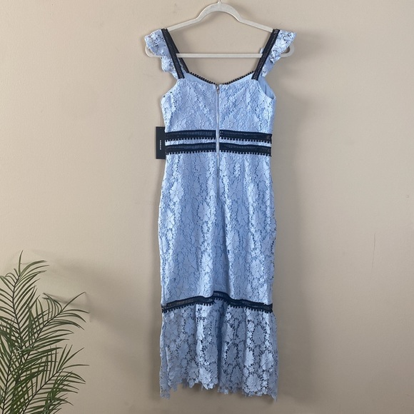 Lulu's Lace Crochet Eyelet Ruffle Hem Mermaid Blue Cocktail Midi Dress Gown - Picture 2 of 10